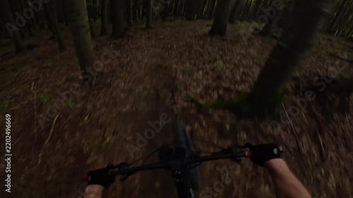 POV Video Of Mountain Biker Riding Fast On Dark Enduro Forest Trail
