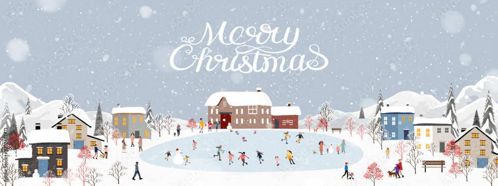 Obraz premium Christmas winter background, Snowy village, falling snow on blue sky, people ice skating, festive holiday landscape with houses, trees, mountains,Vector greeting card, illustration New Year banner