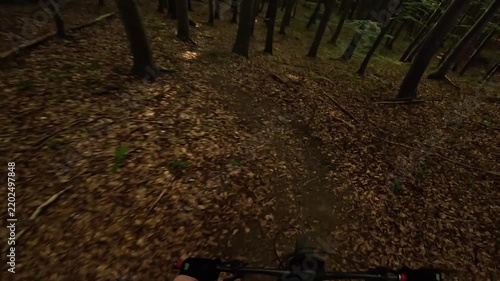POV Video Of Mountain Biker Riding Fast On Dark Enduro Forest Trail