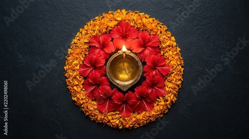 Lit diya oil lamp surrounded by hibiscus flowers and marigold petals