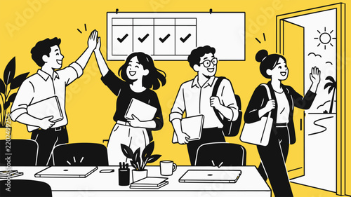 Illustration of a diverse team celebrating a four-day work week in a bright modern office with a four-day calendar and sunny day off.