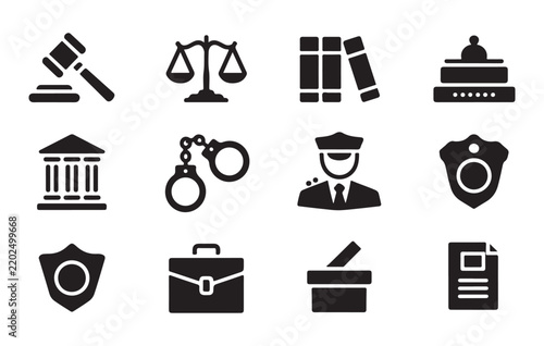 Legal justice icons set featuring gavel scales and police gear for courtroom administrative law documentation.