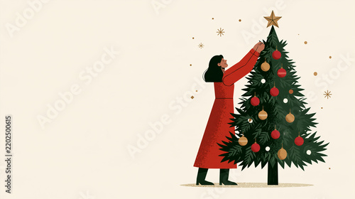 Illustration of a woman in a long red coat placing ornaments on a decorated Christmas tree with a star topper against a neutral background.   