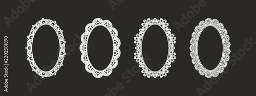 Vector set of oval lace frames with intricate floral ornament and delicate scalloped edging. Vintage coquette elegance for wedding stationery, invitations and romantic cards.