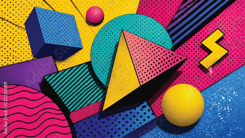 Memphis style geometric abstract composition with pop art shapes.
