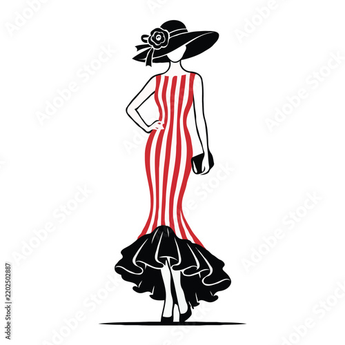 Glamorous Woman in Red and White Striped Mermaid Dress with Hat