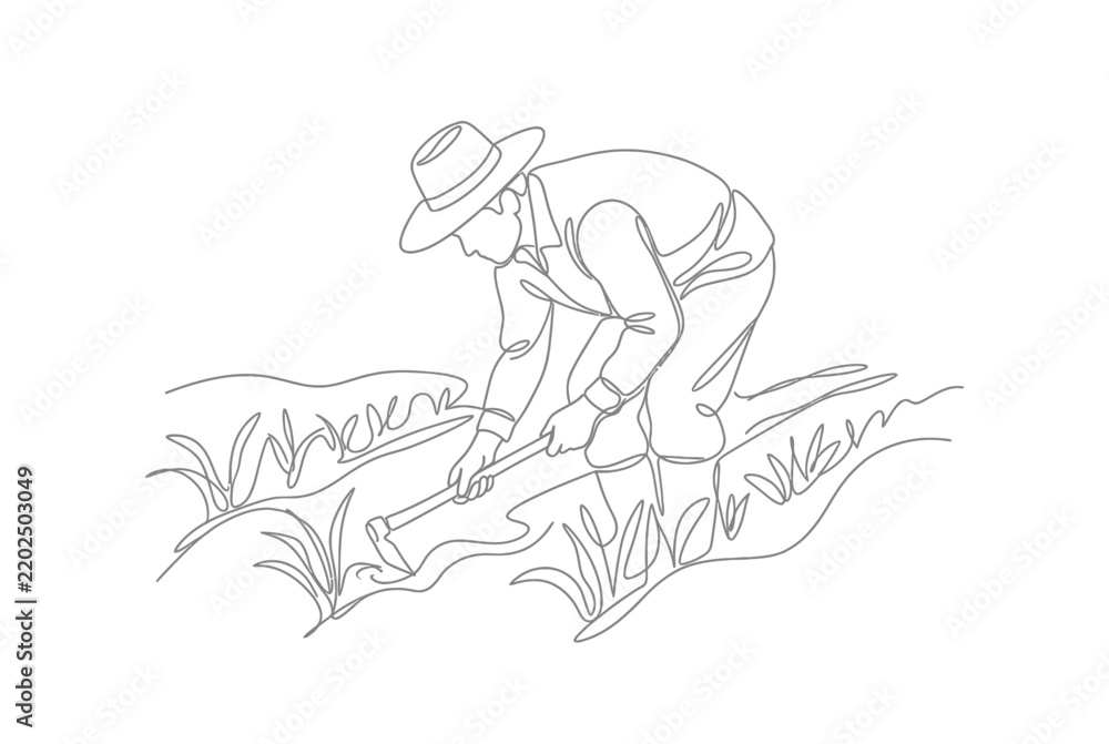 Fototapeta premium One line drawing of farmer planting crops in field.