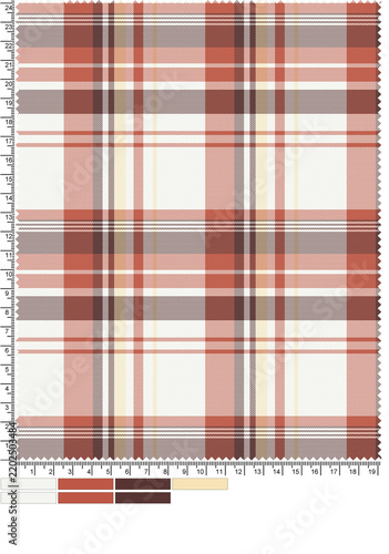 Seamless plaid vector pattern in terracota rust, warm brown, off-white, coral, and pale yellow accents. Classic tartan check layout for autumn men's fashion, shirts, apparel, textile print, and fabric