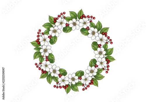 White flowers wreath with green leaves and red berries