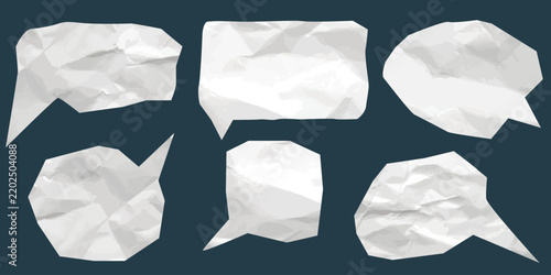 Dialog box from crumpled paper set. Cut out shapes, speech bubbles for filling with text. Textured, messy templates, vector elements