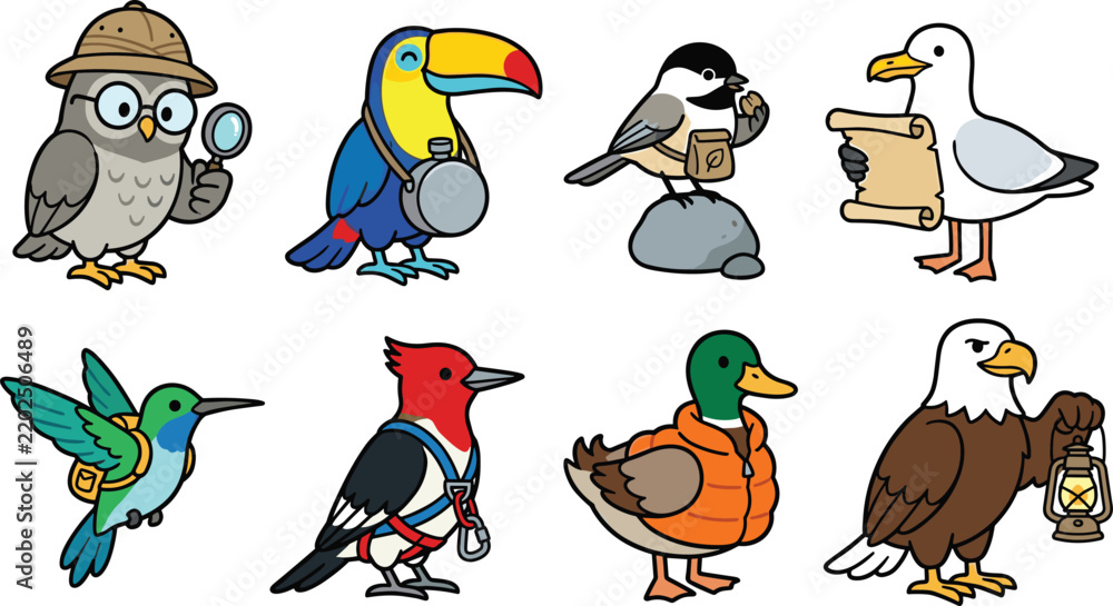 Obraz premium Cute Bird Explorer Cartoon Character Set Featuring Owl Toucan Seagull Hummingbird Woodpecker Mallard Duck and Bald Eagle with Outdoor Adventure Hiking Gear
