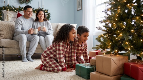 Latino children peeking at gifts under the tree on Christmas morning