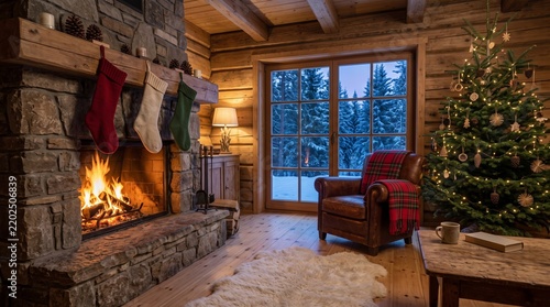 Cosy cabin living room with fireplace, stockings and Christmas tree