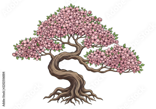 Bonsai tree with pink flowers in full bloom