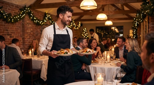 Waiter serving a festive Christmas dinner in a busy restaurant