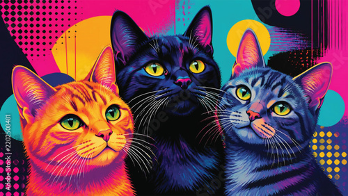 Three colorful cats portraits against pop art background with cat portraits.