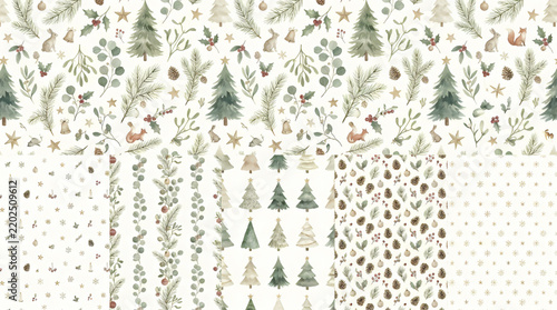 Scandinavian Christmas Watercolor Seamless Patterns Botanical Winter Collection