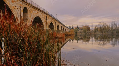 Masonry Pointed arch Stone bridge (Puente de Piedra) across the river Duero in Zamora, Castile-Leon, Spain. Reflection in the water.