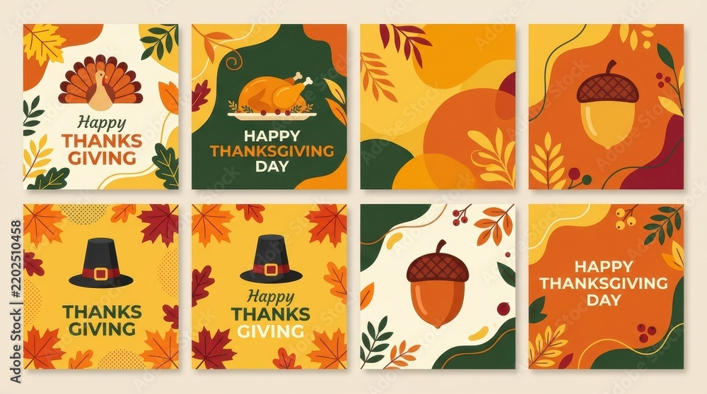 Fototapeta premium Set of Happy Thanksgiving Social Media Post Templates with Turkey, Acorn, and Autumn Leaves Vector Illustration