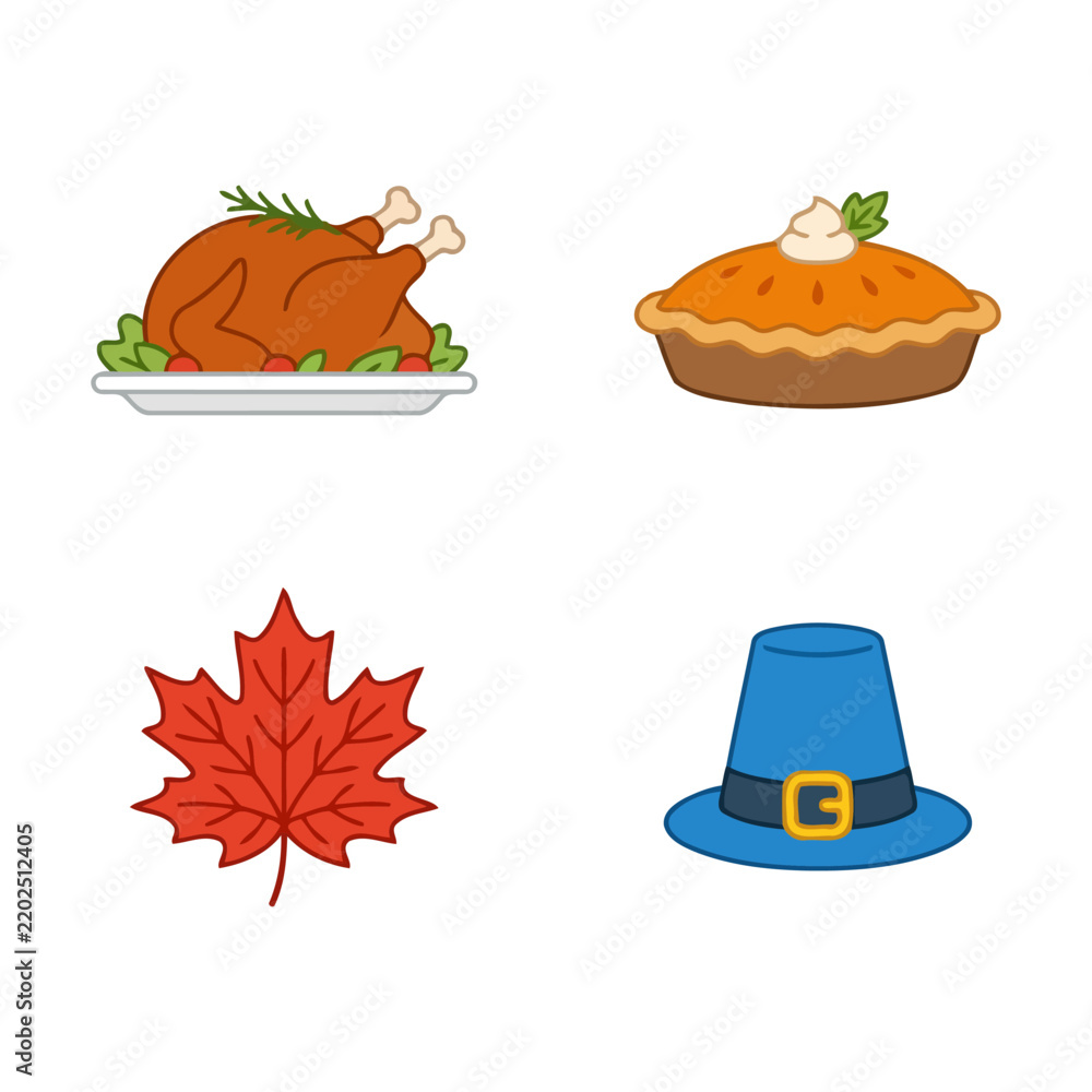 Fototapeta premium Set of four thanksgiving icons featuring a roasted turkey, pumpkin pie, red maple leaf and a pilgrim hat Vector