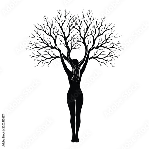 Surreal Silhouette of Woman Transforming into Tree with Bare Branches