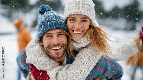 A playful couple enjoys moments of bliss together in a snowy winter landscape, embracing one another amidst falling snowflakes, showcasing love and carefree joy.