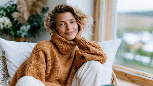 A content woman lounges at home in a cozy sweater, exuding warmth and comfort while enjoying a serene day indoors, symbolizing self-care and relaxation.