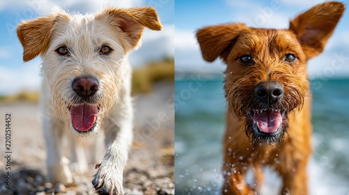 A joyful scene capturing two playful dogs on a beach, showcasing their excitement as they frolic in the water and sand, embodying the spirit of adventure and fun.