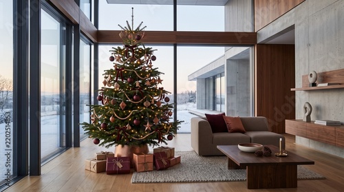 Christmas tree decorated with glowing lights and ornaments stands inside a modern minimalist living room featuring large glass windows overlooking snowy.