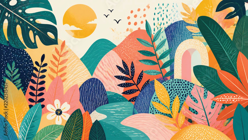 Whimsical tropical jungle landscape with abstract plants and sunset.