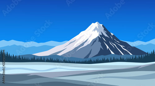 Snowy Mountain Landscape with Pine Forest and Winter Valley