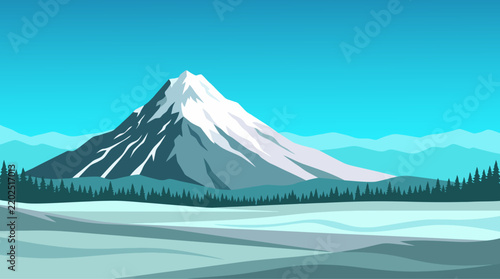 Snowy Mountain Landscape with Pine Forest and Frozen Valley