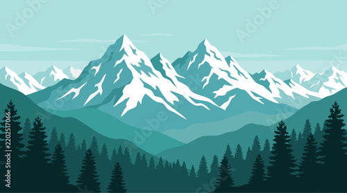 Snowy Mountain Landscape with Pine Forest Background