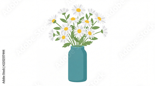 White daisies in a blue vase flat illustration on white background