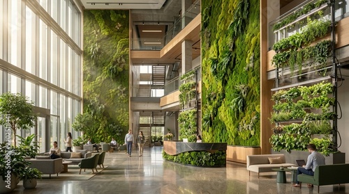 Lobby of a modern office building features massive vertical green walls filled with lush plants.