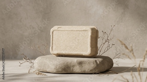 Eco-friendly cardboard box stands on a rough stone podium surrounded by dry branches for product packaging mockup.