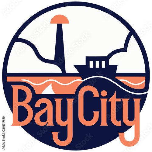 Bay City Logo Vector Illustration: Lighthouse, Ship & Waves in Modern Nautical Design for Travel, Tourism & Brand Identity
