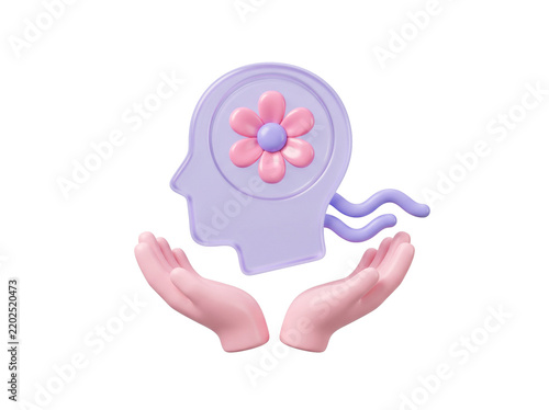 Mental health concept featuring a head silhouette with a small blooming flower inside it, a calm wave pattern beside it, and a pair of open hands cupped gently underneath, representing emotional