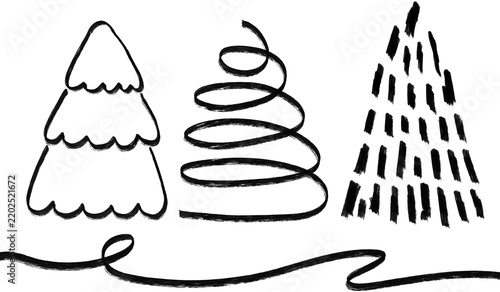 Black Christmas Tree Set, Line Drawing, Minimalist