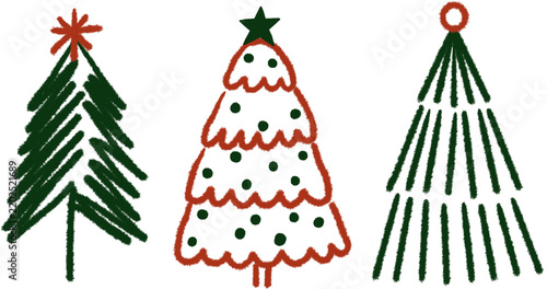 Christmas Tree Set, Hand Drawn, Illustration, Line Drawing