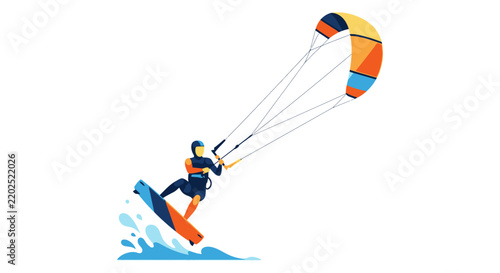 Kitesurfer riding ocean waves with colorful kite vector illustration