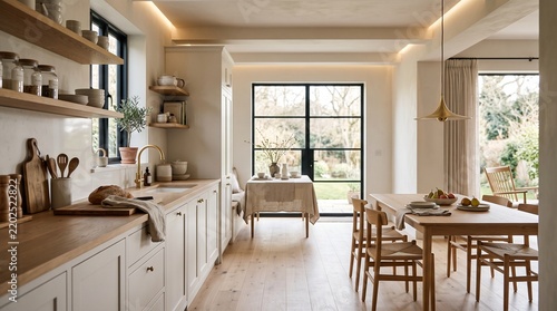 Spacious farmhouse style kitchen featuring wooden countertops, floating shelves, black framed glass doors, and a charming rustic dining setup inside.