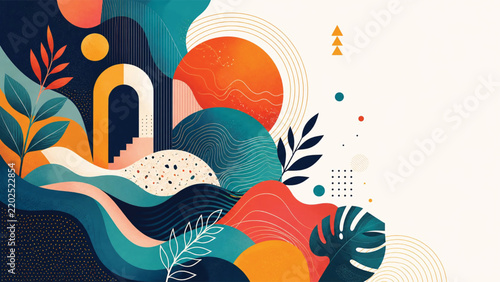 Abstract illustration of arched doorway and tropical leaves with sunrise colors.