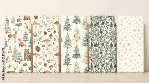 Winter Woodland Christmas Watercolor Seamless Pattern Collection with Forest Animals