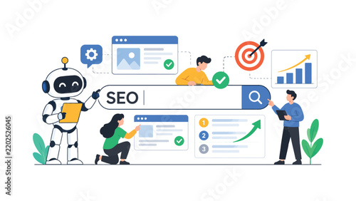 Robot and human professionals collaborating on search engine optimization strategy with analytics charts and target interface elements for digital marketing success