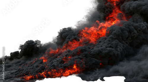 Large billowing cloud of dark black smoke with bright orange flames on transparent background