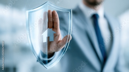 A businessman in a suit protecting a house with a shield. The shield has a glowing effect and the house symbol inside is clear