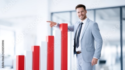 A smiling businessman in a suit points to a rising bar chart, indicating growth and success