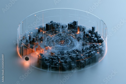 City model with transparent circular elements and glowing details