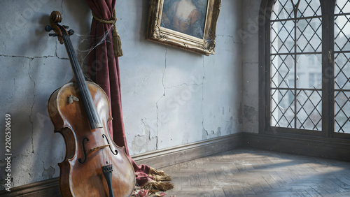 An old wooden cello standing against a weathered white wall with cracks, next to a dark red curtain and a framed oil painting in a room